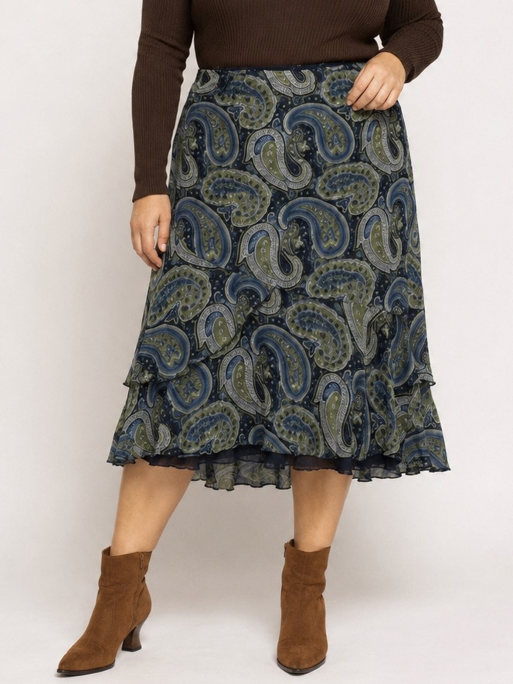 Vintage Y2K Style & Co. Paisley Layered Hem Midi Skirt elastic waist sz14 34”-40